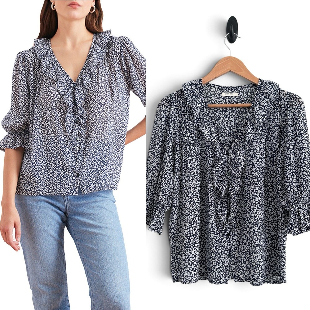 Paneros Women Small Blue White Multicolor 100% Cotton Floral Ruffle Chloe Shirt
